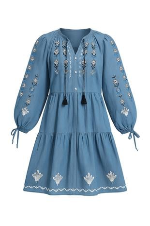 Kadın Mavi Hakim Yaka Nakış İşlemeli Jean Elbise ALC-X9213