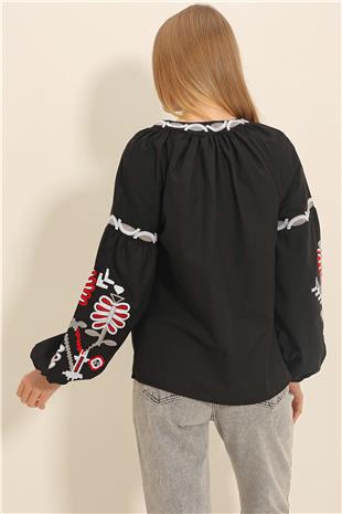 Kadın Siyah Hakim Yaka Nakışlı Dokuma Bluz ALC-X11295