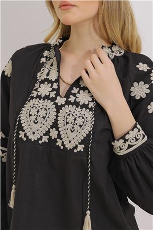 Kadın Siyah Hakim Yaka Nakışlı Dokuma Bluz ALC-X11447