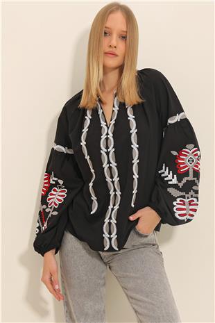 Kadın Siyah Hakim Yaka Nakışlı Dokuma Bluz ALC-X11295