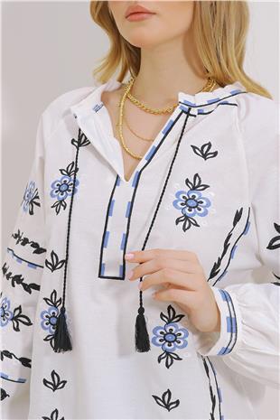 Kadın Beyaz Hakim Yaka Nakışlı Püsküllü Pamuklu Keten Dokuma Bluz ALC-X11451