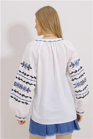 Kadın Beyaz Hakim Yaka Nakışlı Püsküllü Pamuklu Keten Dokuma Bluz ALC-X11451
