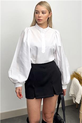 Kadın Beyaz Hakim Yaka Önü Düğmeli Balon Kol Poplin Dokuma Bluz PRM0577