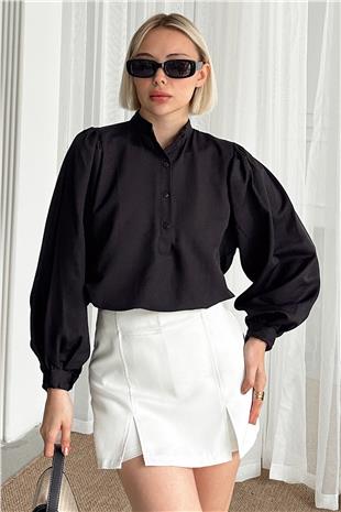 Kadın Siyah Hakim Yaka Önü Düğmeli Balon Kol Poplin Dokuma Bluz PRM0577