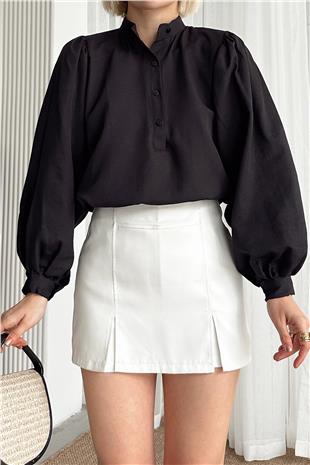 Kadın Siyah Hakim Yaka Önü Düğmeli Balon Kol Poplin Dokuma Bluz PRM0577