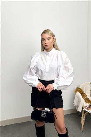 Kadın Beyaz Hakim Yaka Önü Düğmeli Balon Kol Poplin Dokuma Bluz PRM0577