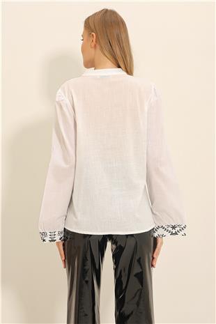 Kadın Beyaz Hakim Yaka Roba Nakışlı Dokuma Bluz ALC-X11293