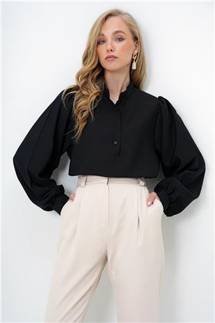 Kadın Siyah Hakim Yaka Yarım Pat Balon Kol Poplin Gömlek Bluz ALC-X14059
