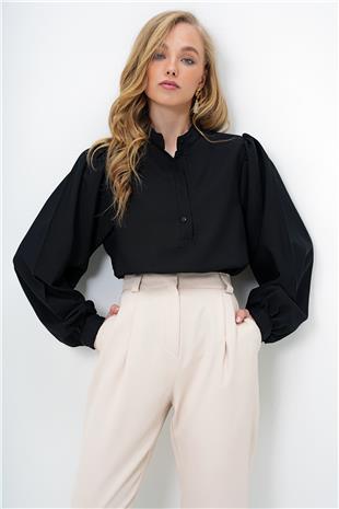 Kadın Siyah Hakim Yaka Yarım Pat Balon Kol Poplin Gömlek Bluz ALC-X14059