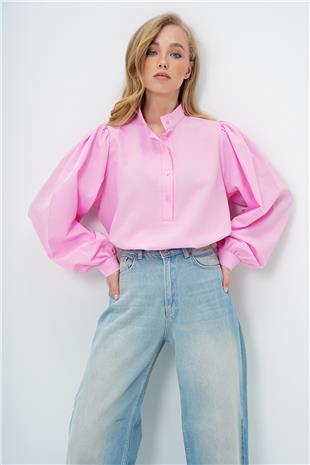 Kadın Pembe Hakim Yaka Yarım Pat Balon Kol Poplin Gömlek Bluz ALC-X14059