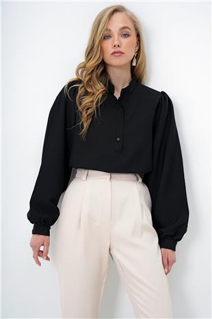 Kadın Siyah Hakim Yaka Yarım Pat Balon Kol Poplin Gömlek Bluz ALC-X14059