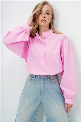 Kadın Pembe Hakim Yaka Yarım Pat Balon Kol Poplin Gömlek Bluz ALC-X14059