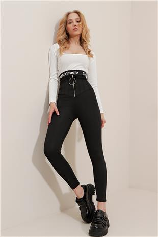 Kadın Siyah Halka Fermuar Detaylı Mat Dokulu Yüksek Bel Tayt ALC-X9635
