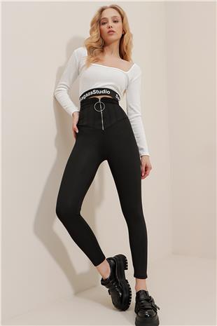 Kadın Siyah Halka Fermuar Detaylı Mat Dokulu Yüksek Bel Tayt ALC-X9635