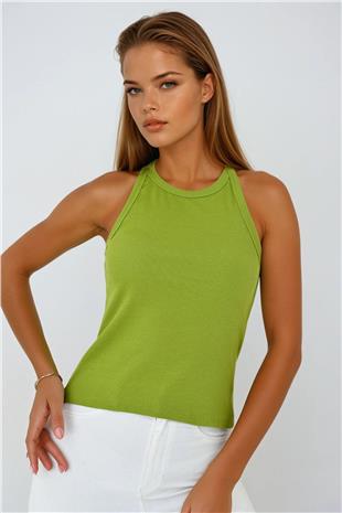 Kadın Yağ Yeşili Halter Yaka Esnek Dokulu Basic Kolsuz Üst Bluz VS00947