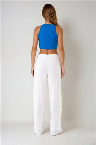 Kadın Mavi Halter Yaka Esnek Pamuklu Kısa Bluz VS00948