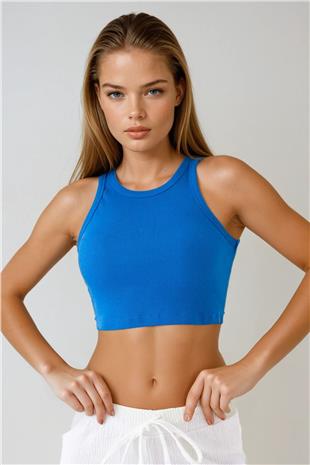 Kadın Mavi Halter Yaka Esnek Pamuklu Kısa Bluz VS00948