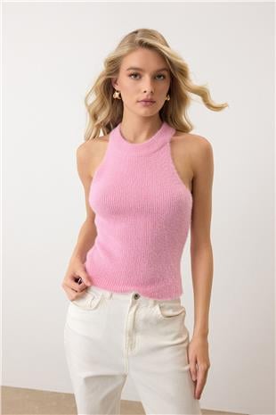Kadın Pembe Halter Yaka Tüylü Triko Crop Top VS00917