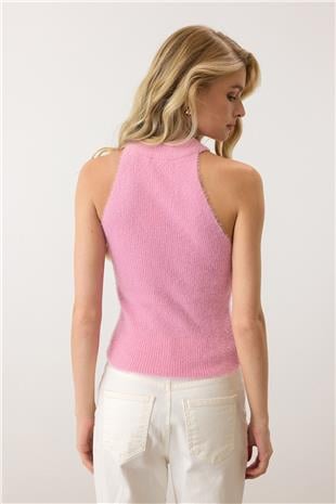 Kadın Pembe Halter Yaka Tüylü Triko Crop Top VS00917