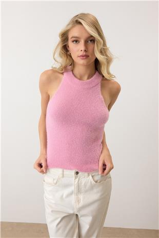 Kadın Pembe Halter Yaka Tüylü Triko Crop Top VS00917