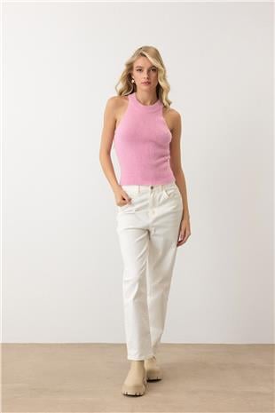 Kadın Pembe Halter Yaka Tüylü Triko Crop Top VS00917