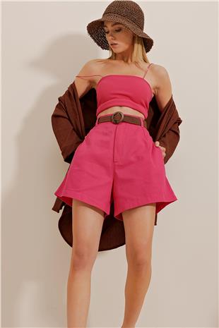 Kadın Pembe Hasır Örgü Kemerli Gabardin Şort ALC-X10271