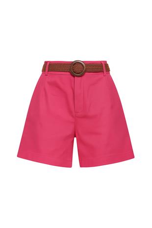 Kadın Pembe Hasır Örgü Kemerli Gabardin Şort ALC-X10271
