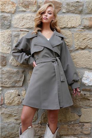 Kadın Haki İçi Astarlı Kemerli Trençkot ALC-X14475