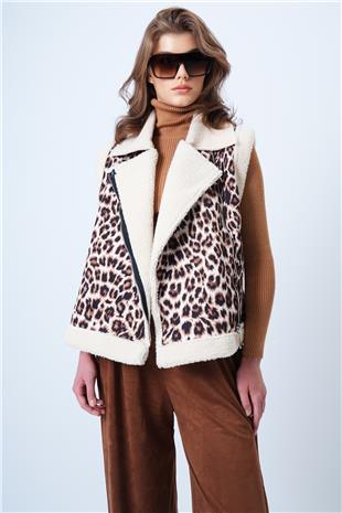 Kadın Leopar İçi Kürklü  Kruvaze Yaka Leopar Yelek VS01193