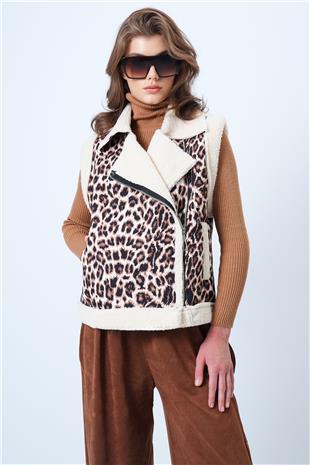 Kadın Leopar İçi Kürklü  Kruvaze Yaka Leopar Yelek VS01193