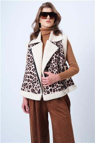 Kadın Leopar İçi Kürklü  Kruvaze Yaka Leopar Yelek VS01193