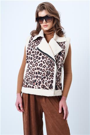 Kadın Leopar İçi Kürklü  Kruvaze Yaka Leopar Yelek VS01193