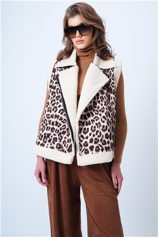 Kadın Leopar İçi Kürklü  Kruvaze Yaka Leopar Yelek VS01193