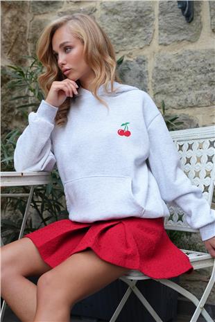 Kadın Grimelanj İçi Şardonlu Kanguru Cepli Kiraz Nakışlı Kapüşonlu 3 İplik Sweatshırt ALC-X14519