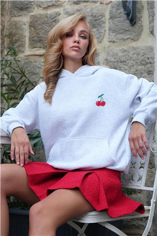 Kadın Grimelanj İçi Şardonlu Kanguru Cepli Kiraz Nakışlı Kapüşonlu 3 İplik Sweatshırt ALC-X14519