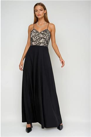 Kadın Siyah İnce Askılı Dantel Detaylı Kelebek Yaka Uzun Elbise VS00961