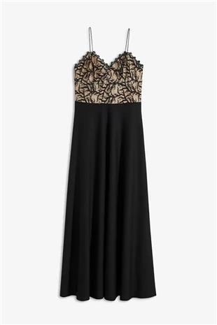 Kadın Siyah İnce Askılı Dantel Detaylı Kelebek Yaka Uzun Elbise VS00961