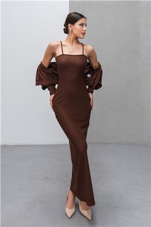 Kadın Kahverengi İnce Askılı Yırtmaç Detaylı Uzun Elbise Ve Hırka İkili Takım VS00806