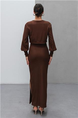 Kadın Kahverengi İnce Askılı Yırtmaç Detaylı Uzun Elbise Ve Hırka İkili Takım VS00806