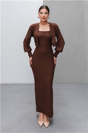 Kadın Kahverengi İnce Askılı Yırtmaç Detaylı Uzun Elbise Ve Hırka İkili Takım VS00806