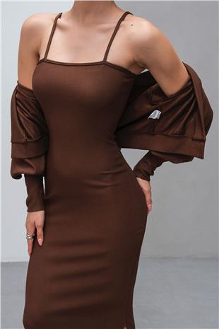 Kadın Kahverengi İnce Askılı Yırtmaç Detaylı Uzun Elbise Ve Hırka İkili Takım VS00806