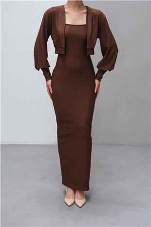 Kadın Kahverengi İnce Askılı Yırtmaç Detaylı Uzun Elbise Ve Hırka İkili Takım VS00806