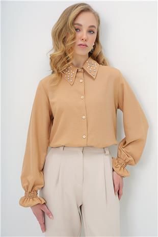Kadın Karamel İnci Ve Taş İşlemeli Aerobin Gömlek ALC-X10085