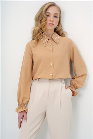 Kadın Karamel İnci Ve Taş İşlemeli Aerobin Gömlek ALC-X10085