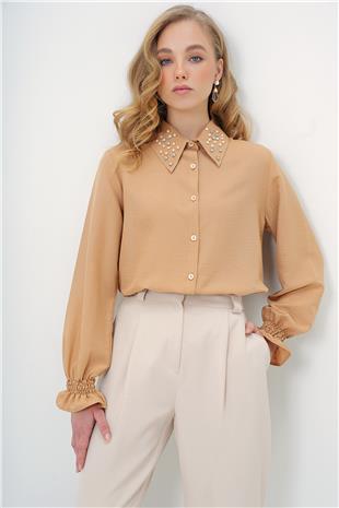 Kadın Karamel İnci Ve Taş İşlemeli Aerobin Gömlek ALC-X10085