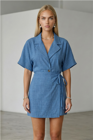 İndigo Ceket Yaka Oversize Keten Gömlek Ve Bağlamalı Şort Etek Takım