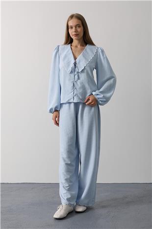 Kadın Bebe Mavisi Uzun Kol Bağlamalı Gömlek Ve Pantolon VS00605