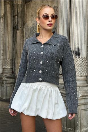 Kadın Antrasit İşlemeli Triko Hırka VS00005