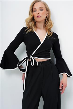 Kadın Siyah İspanyol Kol Biye Detaylı Bağlamlı Kruvaze Bluz ALC-X13893