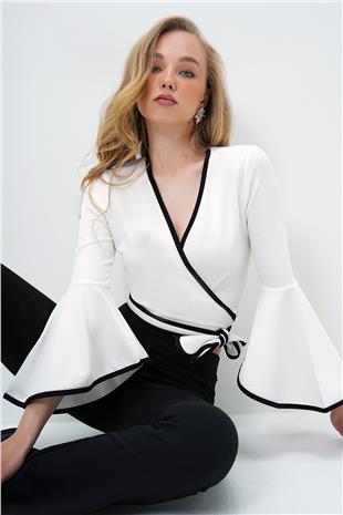 Kadın Beyaz İspanyol Kol Biye Detaylı Bağlamlı Kruvaze Bluz ALC-X13893